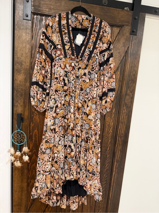 Free People Dresses & Skirts - Free People Black Floral Midi Dress with Mustard & Blush Accents